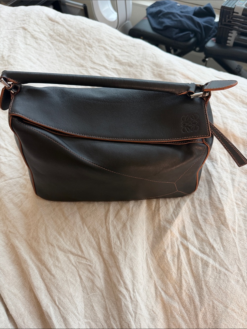Loewe Soft Medium Puzzle Bag Black with Tan Piping